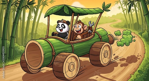 Panda and monkey in bamboo car.