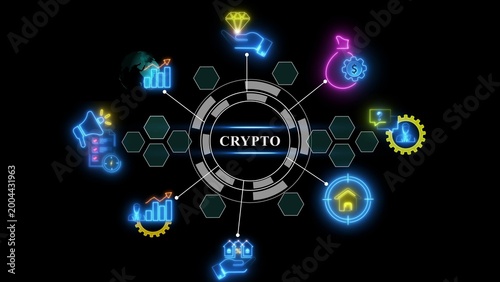 Central circular interface with the word crypto surrounded by glowing neon representing digital assets, finance, real estate, and data analytics on a solid black background