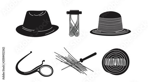 Six black and white illustrations of a hat, test tube, hat, pince-nez, bundle of sticks, and a round object