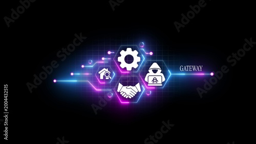 Digital gateway interface with glowing neon hexagonal featuring a gear, house search, handshake, and hacker silhouette on a dark grid background, with vibrant blue, and purple light streaks