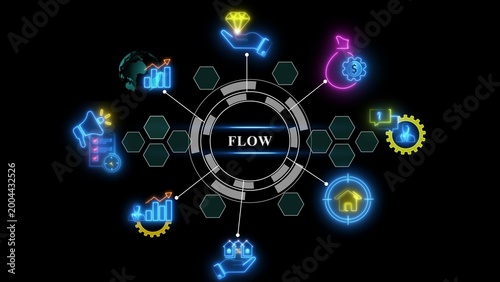 Digital flow infographic with a glowing neon circular central hub, connected to data symbols including charts, money bags, houses, and gears on a solid black background