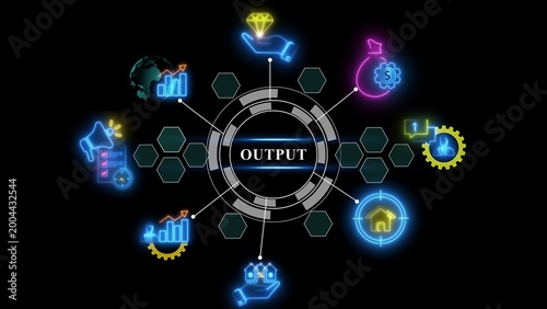Digital infographic with a central circular hub labeled output, surrounded by glowing neon representing business growth, finance, real estate, and communication connectivity on a black background