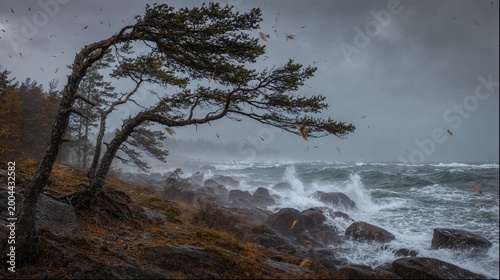 Canvastavla Stormy autumn coast with windswept pine and crashing waves