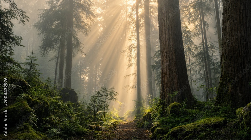 Obraz premium Sun rays through misty redwood forest with mossy ground