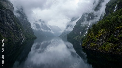 Slika na platnu Misty fjord with waterfalls and reflections in calm water
