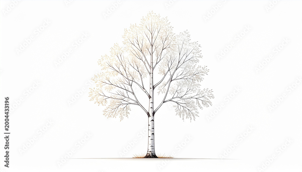 Obraz premium Elegant drawing of a white birch tree with delicate branches and sparse leaves 