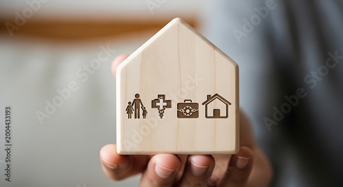 Hand holding smartphone with family life icons on screen in modern city background