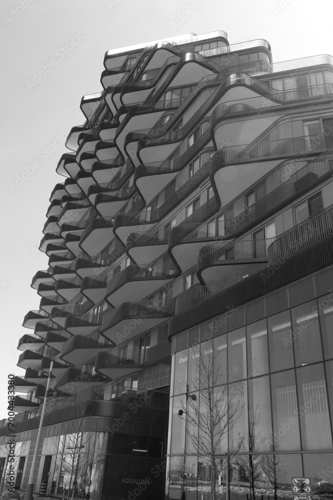 Obraz premium black and white view of Aqualuna condominiums at the edge of East Bayfront, Merchants' Wharf, Toronto