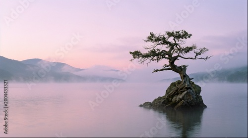 Fényképezés Lone bonsai tree on rock in misty mountain lake at dawn