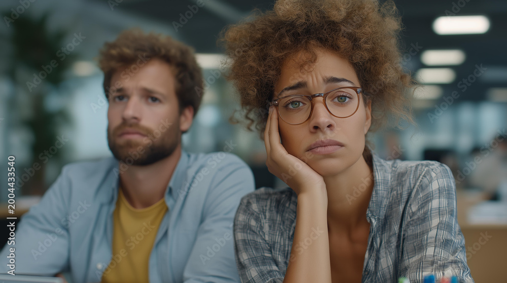 Fototapeta premium Multicultural founding team at cramped accountant office reviewing payroll they cannot cover, expressions tense, one team member visibly near tears, calculator and highlighters