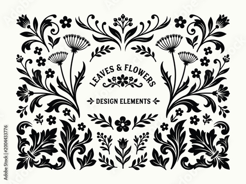 Vintage floral ornamental design elements black and white vector
