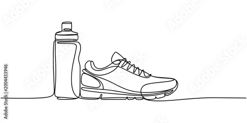Tableau sur toile Black and white line of sneaker and water bottle line black and white athletic s