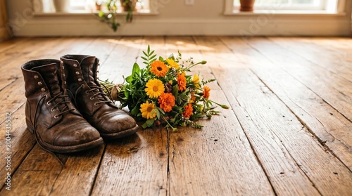 Rustic elopement wedding bouquet and vintage hiking boots on wooden floor