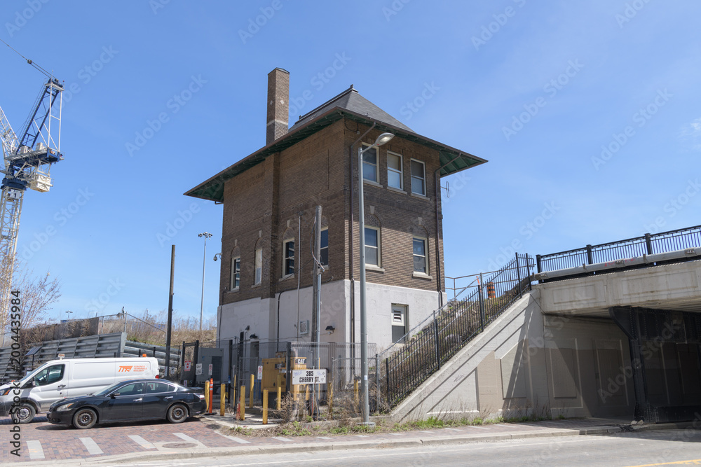 Fototapeta premium view of Cherry Street Interlocking Tower (specifically located near the intersection of Cherry and Lake Shore Blvd E), Toronto