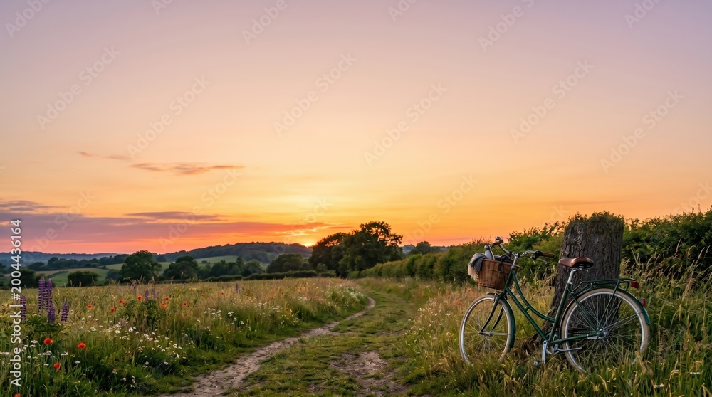 Fototapeta premium Vintage bicycle parked on rural dirt path through wildflower meadow at sunset