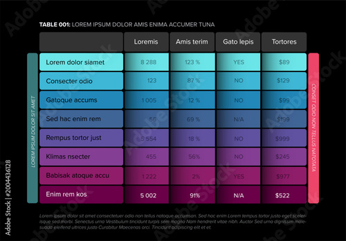 A modern data table template layout design featuring colorful gradient rows for clear data visualization. Digital data table template is designed for effective data visualization in business reports.
