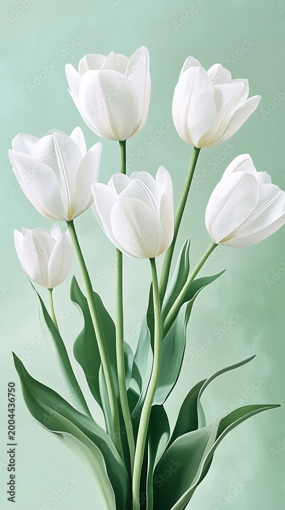 Obraz premium A bouquet of white tulips with green leaves on a light green background