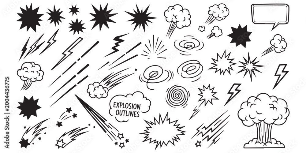 Fototapeta premium Set of hand drawn comic book style explosion clouds lightning bolts and action sound effects elements