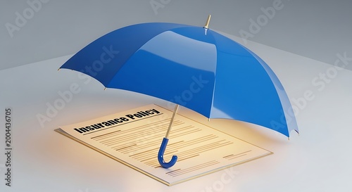 Insurance policy document with blue umbrella and coins on wooden desk