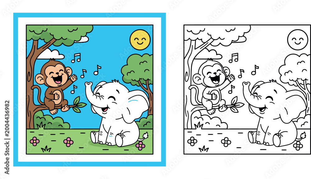 Obraz premium Cute Cartoon Monkey and Elephant Singing Together in a Sunny Park with Trees and Flowers