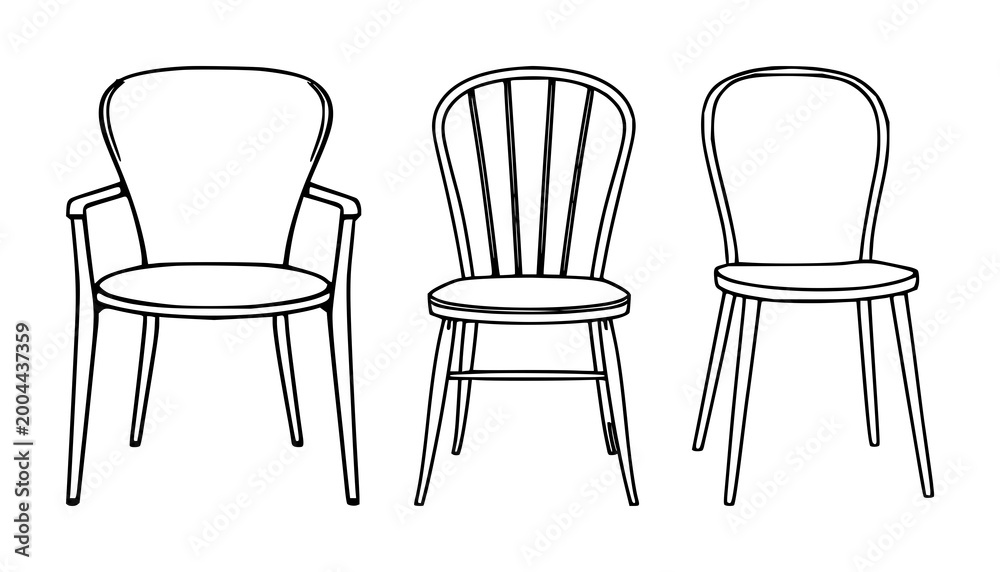 Fototapeta premium Chair set with single line drawing on white background featuring black and white, simple, minimalistic with furniture and seating