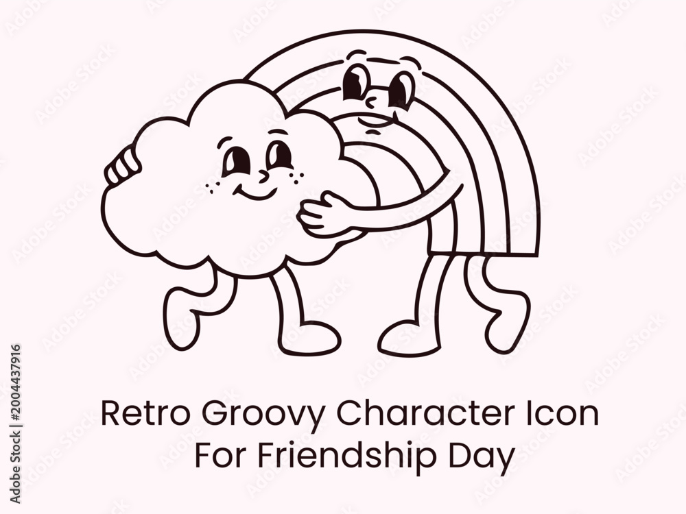 Naklejka premium Retro groovy cloud and rainbow hugging friendship day vector character