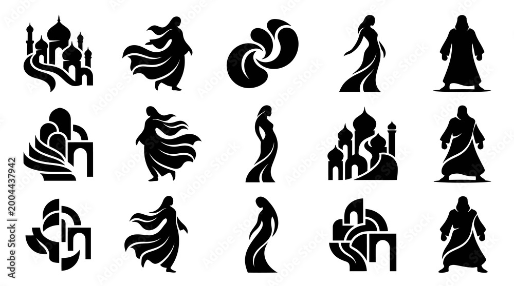 Fototapeta premium Islamic Architecture and Figures Set, Black and White Vector Icons