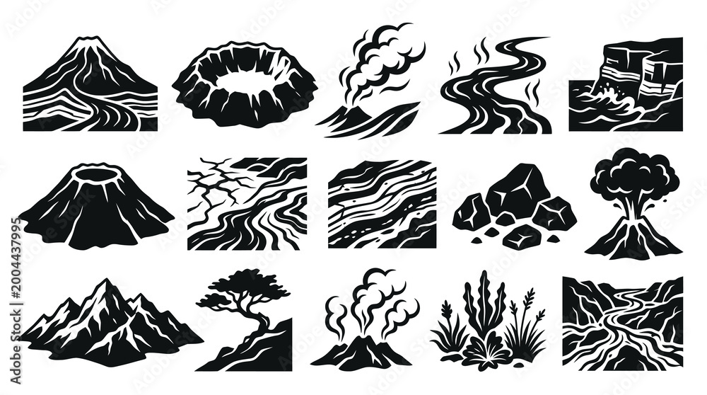 Fototapeta premium Black and White Icons of Volcanic Landscapes and Geological Formations