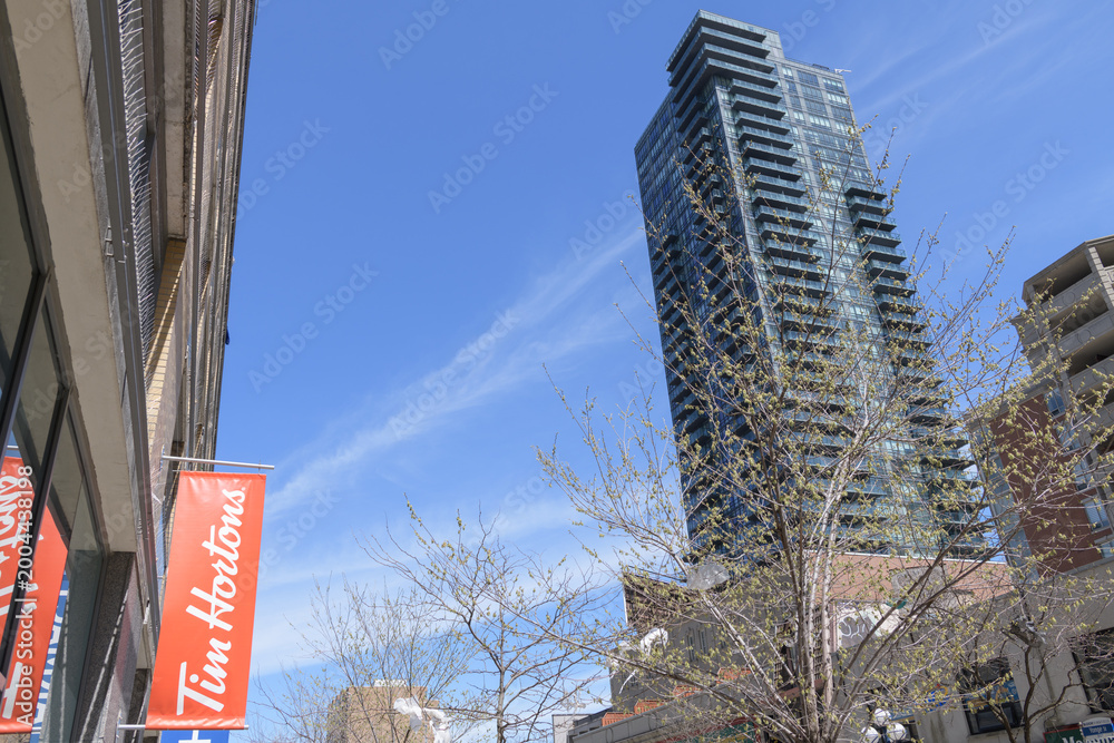 Fototapeta premium banner sign outside Tim Hortons, a coffee shop chain, located here at 18 Yorkville Av (view is north on Yonge St & building: The Milan Condominiums), Toronto