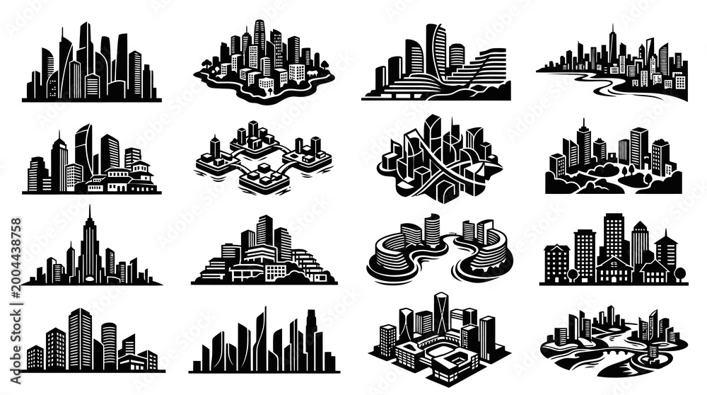 Obraz premium Black White Cityscape Vector Art - Modern Architecture Silhouettes