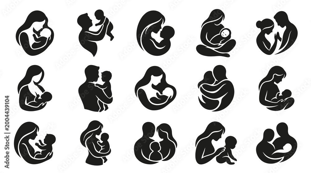 Fototapeta premium Family Parenting Maternity Glyph Icons: Mother, Father, Baby, Parents Embracing Silhouette Vector Set