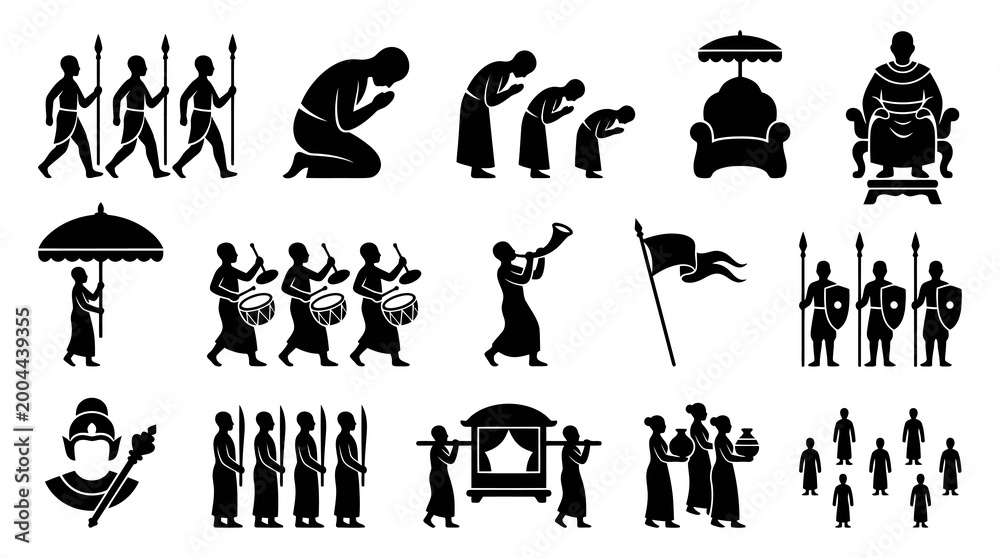 Fototapeta premium African Tribal Ceremony and Royalty Icons: Black and White Glyphs