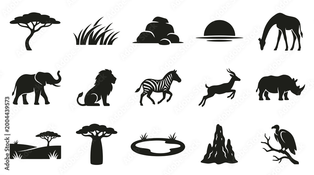 Fototapeta premium African Safari Icons - Black and White Vector Graphics
