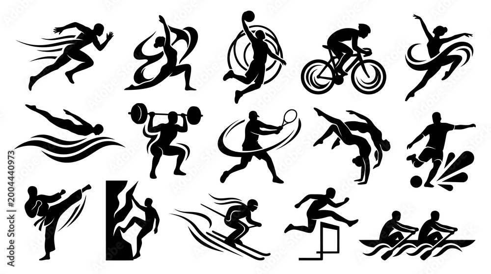 Fototapeta premium Black and White Sports Icons: Diverse Athletic Silhouettes in Vector Art Style
