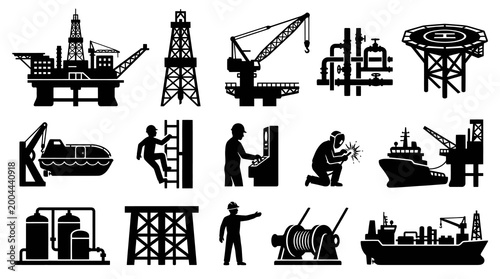 Offshore Oil Gas Drilling Rigs, Ships, Workers - Black  White Glyph Icons Set