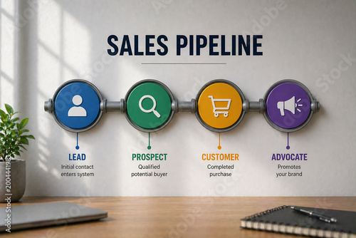 A sales pipeline graphic illustrating the stages of lead generation, qualification, customer purchase, and brand advocacy. It’s happening in a modern office setting.