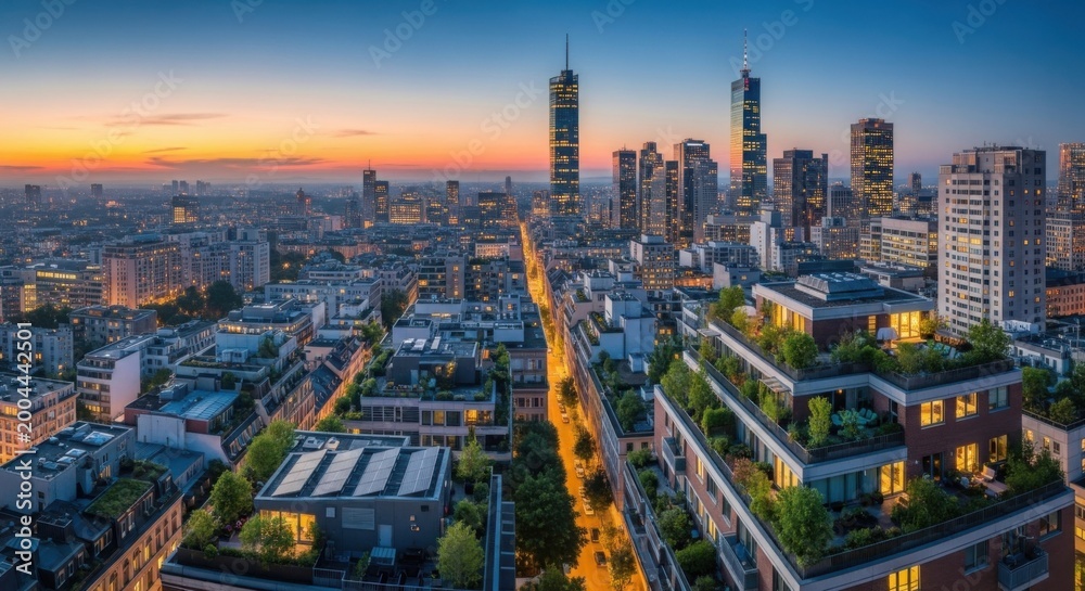 Obraz premium Aerial view of a modern cityscape at dusk with green rooftop gardens and illuminated skyscrapers.