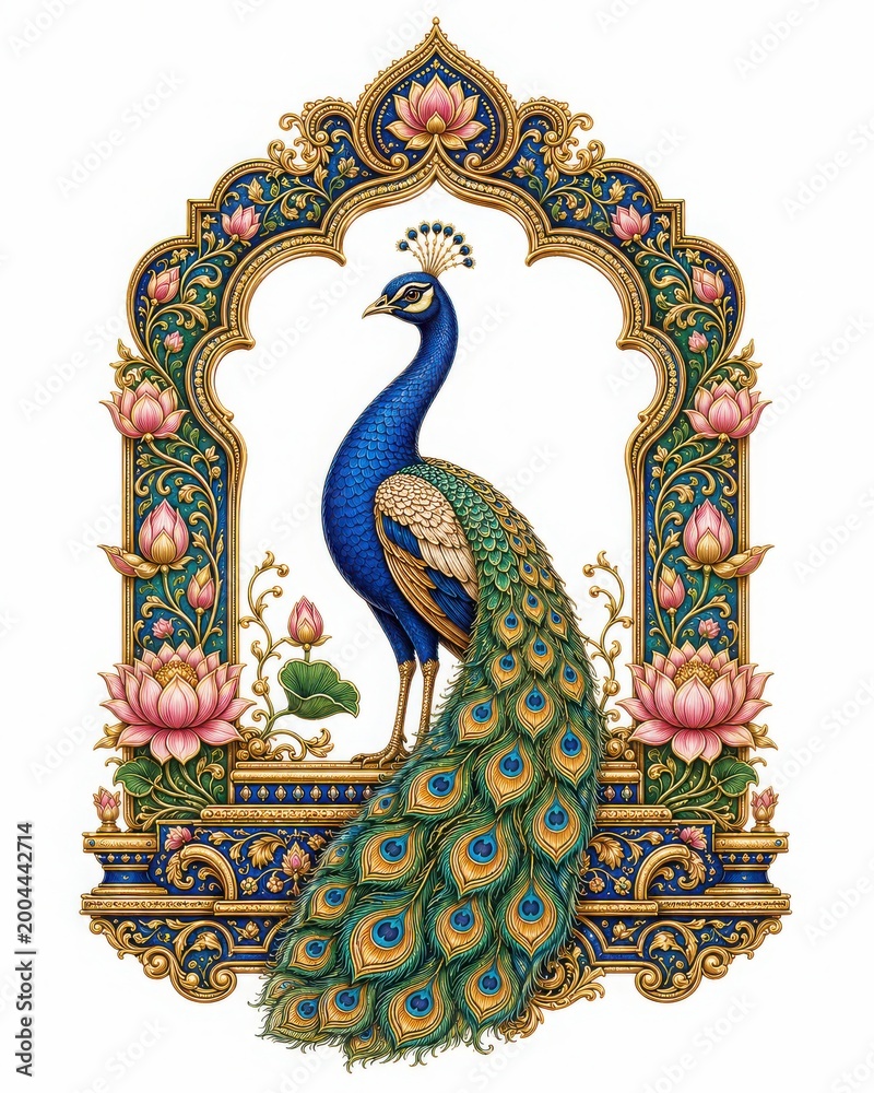 Naklejka premium Ornate Golden Window Frame With Colorful Floral Patterns And Carvings