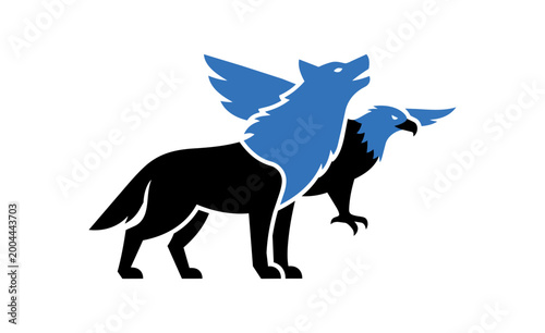 Abstract blue winged creatures symbol on black background