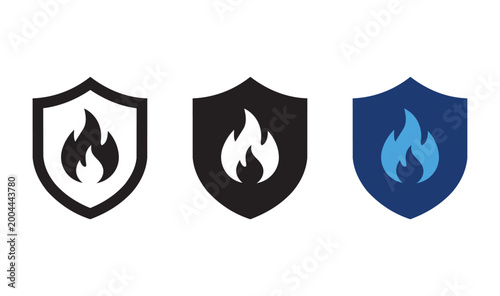 A set of simple vector icons depicting a stylized flame safely contained within a shield