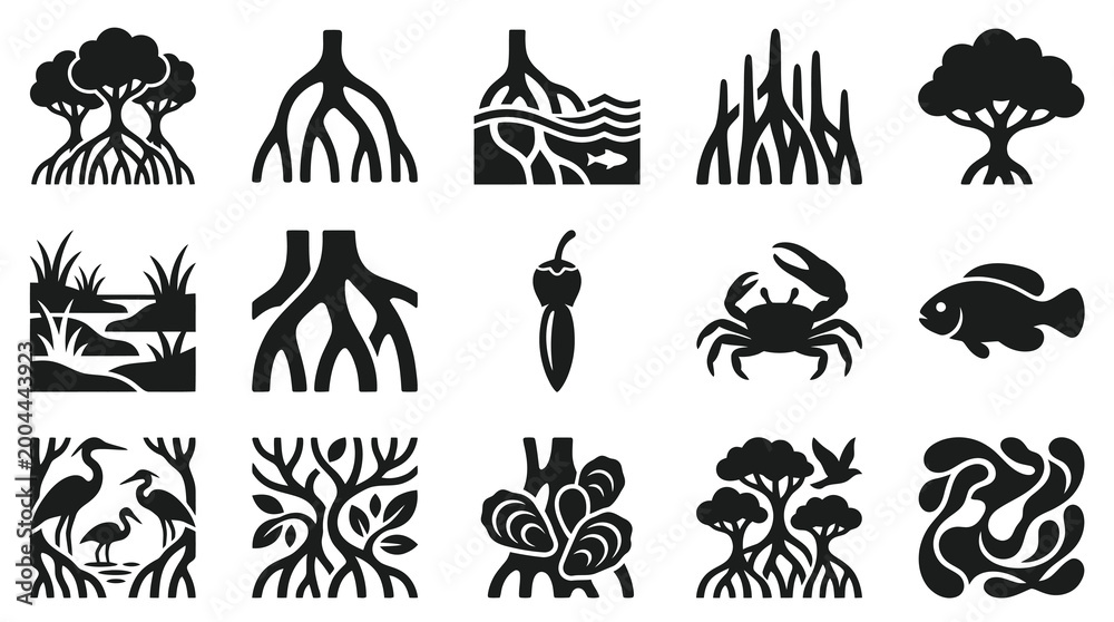 Fototapeta premium Wetland Mangrove Environment Black and White Solid Glyph Icons Set