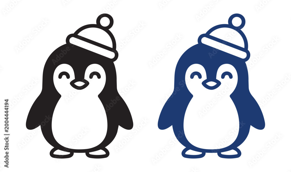 Fototapeta premium Adorable cartoon penguin characters wearing a cozy winter hat appear in solid black and blue versions