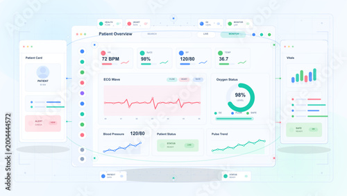 Light vector patient monitoring dashboard with ECG wave, oxygen status, blood pressure, pulse trend, vitals charts and medical interface panels