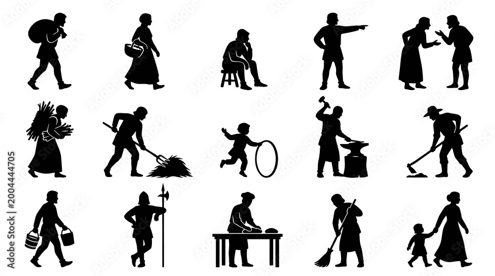 Fototapeta premium Medieval Life Silhouettes: People Working, Farming, Crafting - Black White Glyphs