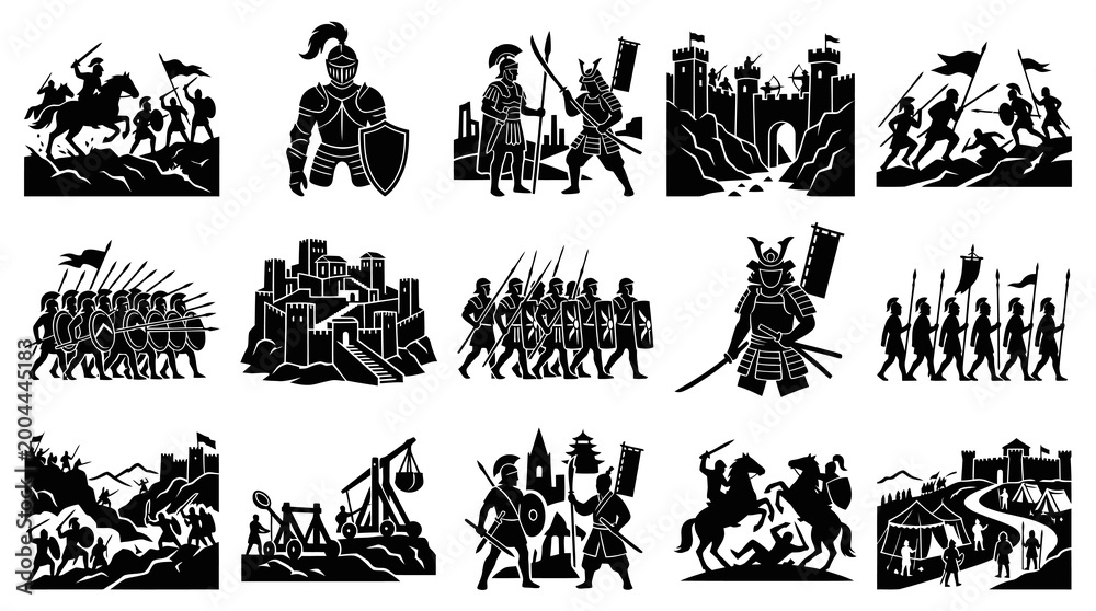 Fototapeta premium Black and White Medieval Warfare Silhouettes: Knights, Castles, Armies