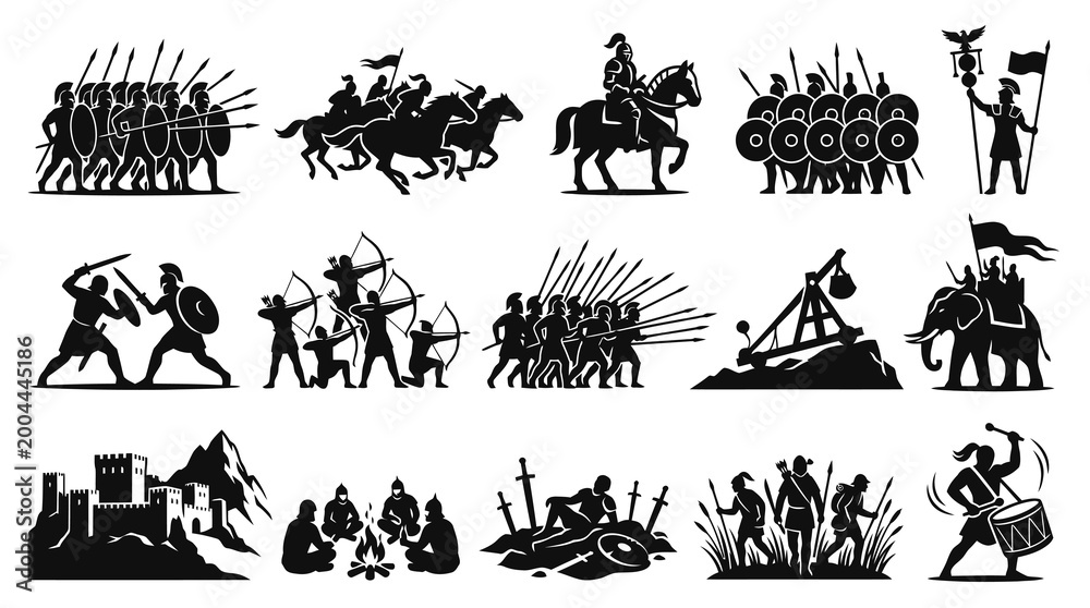 Obraz premium Ancient Warriors and Warfare Icons - Black and White Glyph Art