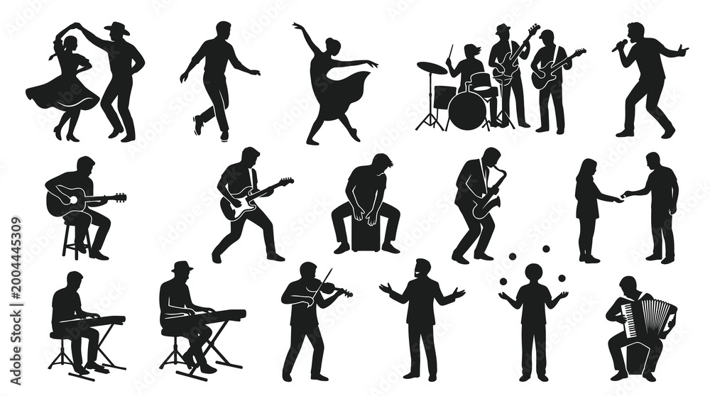 Fototapeta premium Black and White Silhouettes of Musicians Performing and Dancers