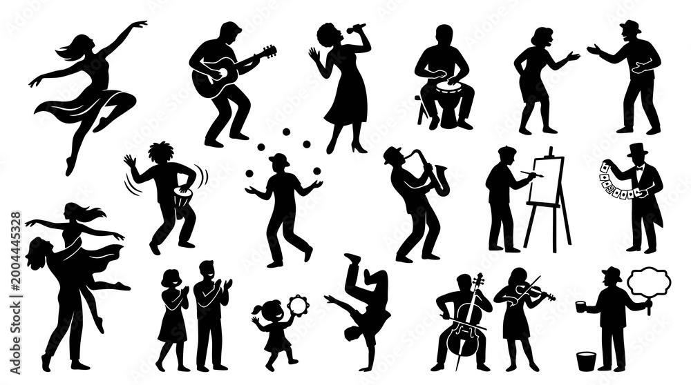 Fototapeta premium Diverse Performers Silhouettes: Dancers, Musicians, Artists, Magician, Breakdancer