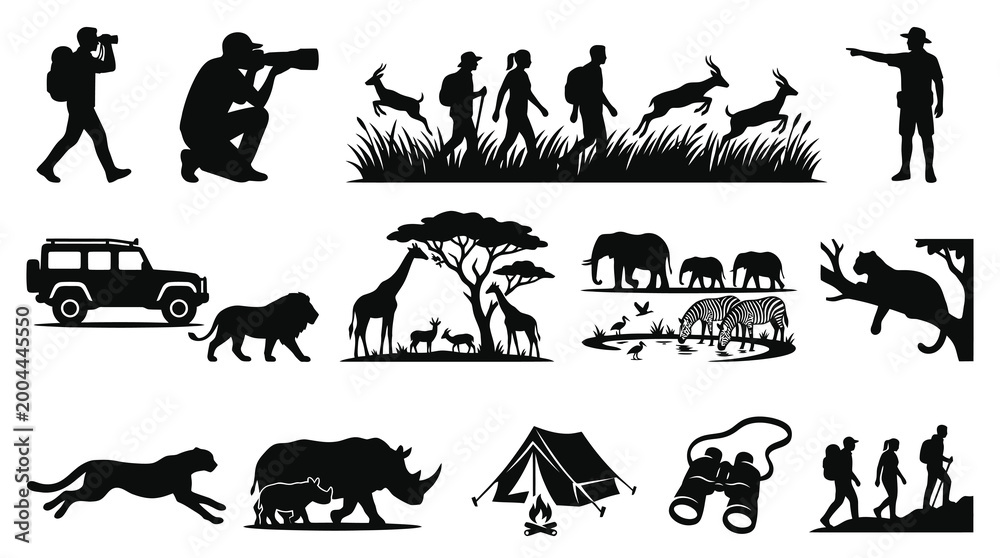 Naklejka premium African Safari Silhouette Icons: Wildlife, Safari Vehicle, Tourists, Camp