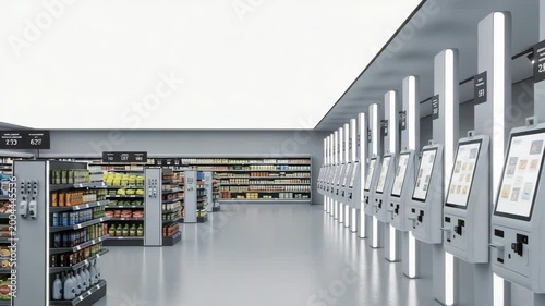 Automated self-checkout kiosks in a modern grocery store. Retail store interior with digital payment stations and grocery shelves for efficient customer service.